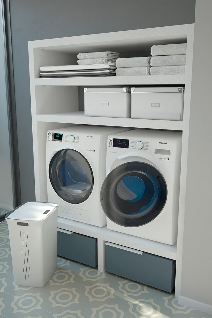 Come nascondere la lavatrice e asciugatrice in bagno, idee per lavanderia  domestica 