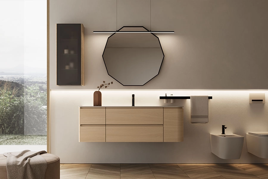 Decor Space Mobile Bagno Ladama Completo Con Lavabo E Colonna - Rovere Ed Effetto Marmo, Made In Italy